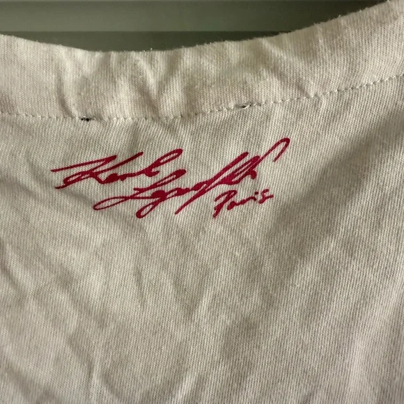 Karl Lagerfeld White Tee Black Stripes Logo Pink Sparkle Signature 100% Cotton - Picture 10 of 10